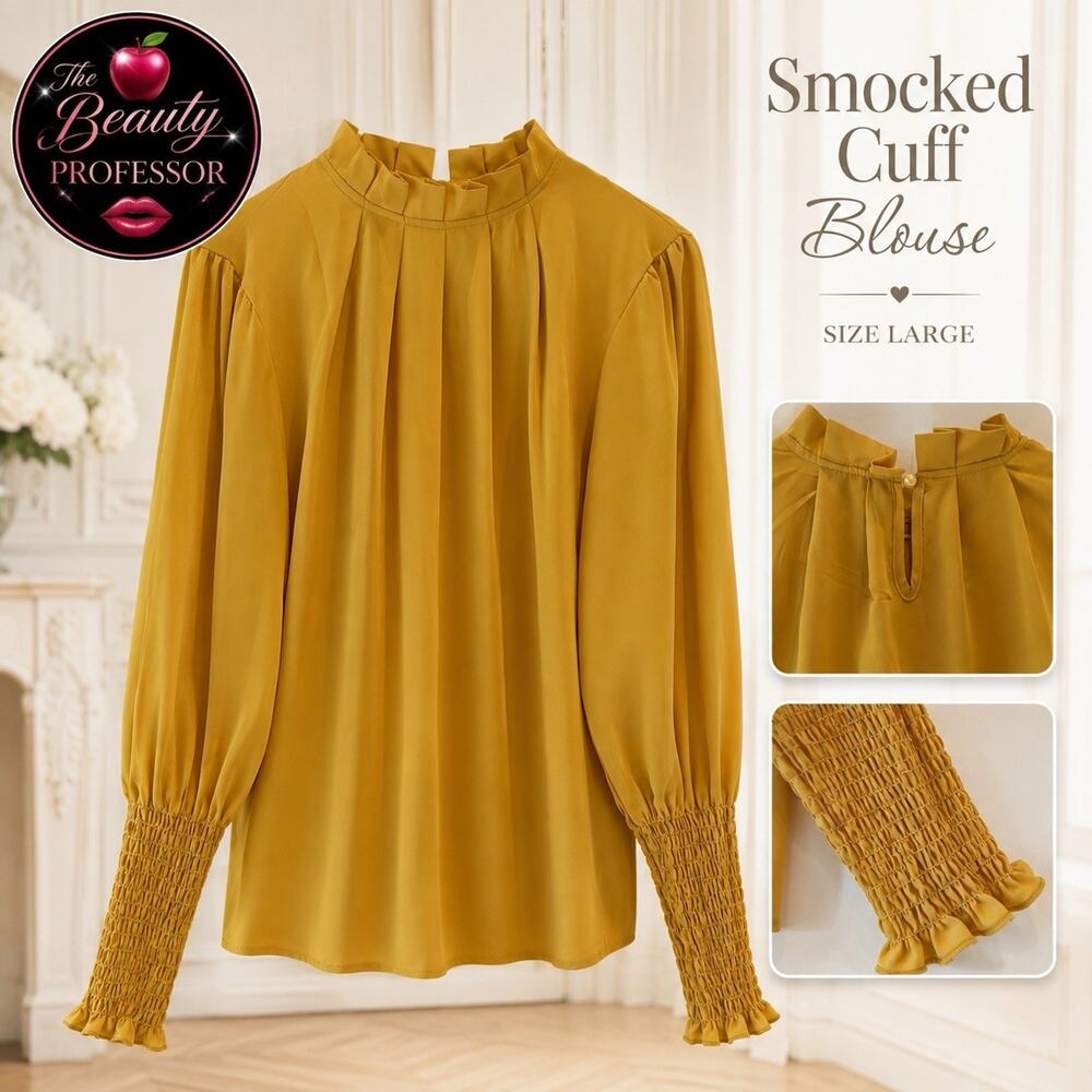 💞 Women’s Mustard Yellow Smocked Cuff High Neck Blouse Size Large Pearl Button